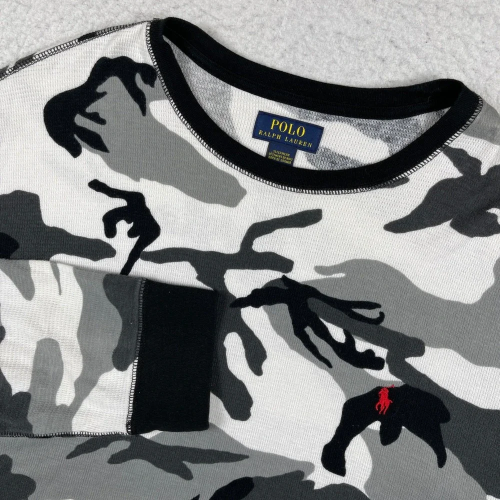 Polo Ralph Lauren‎ Sleepwear Mens XL Grey White Camo Waffle Knit Thermal Shirt